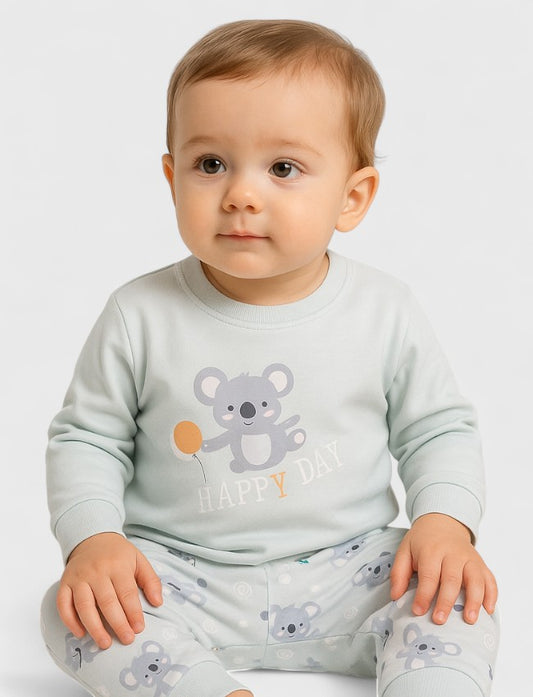 بيجامة قطن رمادي فاتح أولادي بطباعة مرحة